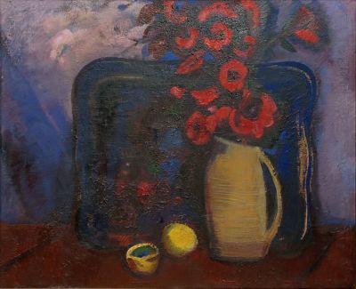 Давыдов Анатолий. Глиняный кувшин, красные цветы. 1980 г. Холст, темпера, масло. 60х80 см. Работ 