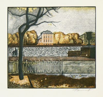 Тамбовцев Виталий. Вид на Университет. Бумага, цветная линогравюра. 11,5х12,5 см (лист 21,7х19 