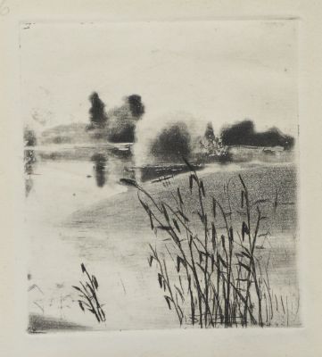 Хвостов Владимир. Пейзаж с озером. Бумага, офорт акватинта. 15,7х14 см (лист 22,6х22 см). Работа 