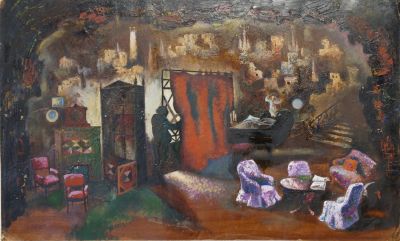 Плотникова Наталья. К. Симонов &laquo;Под каштанами Праги&raquo;. Тьма. 1976 г. Картон, масло. 47х77,4 см. Р 