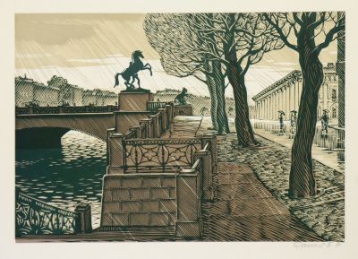 Ракицкий Борис. Аничков мост. 1991 г. Бумага, цветная линогравюра. 20,8х29,8 см (лист 29,7х39,7 см).
