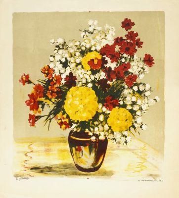 Масленникова Ирина. Бархатцы. 1960 г. Бумага, цветная литография. 42х38 см (лист 50,5х46 см). Ра 