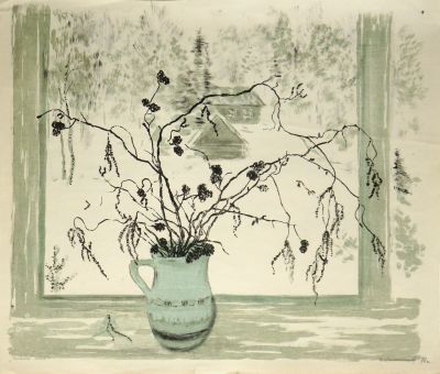 Масленникова Ирина. Зимнее окно. 1978 г. Бумага, цветная литография. 50х58,5 см (лист). Работа 