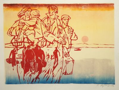 Фридман Ренат. Утро. Самотлор. 1977 г. Бумага, цветная линогравюра. 41х56 см (лист 60х84 см). Ра 