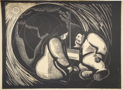 Афанасий Мунхалов. Слушают мир. 1965 г. Бумага, линогравюра. 50х67 см (лист 55,7х72,5 см). Работ 