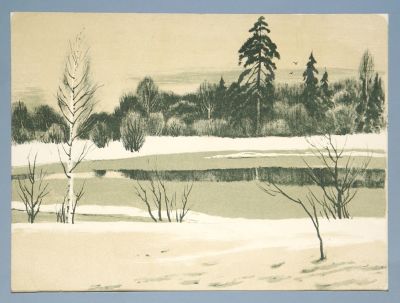 Ковалев Алексей. Речка зимой. 1983 г. Бумага, цветная литография. 31,5х42,5 см (лист 36,8х50,5 см).