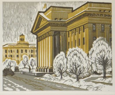 Мурычев Александр. Здание Обкома КПСС. 1975 г. Бумага, цветная линогравюра. 20х24,5 см (лист 