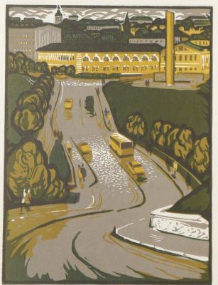 Мурычев Александр. Из-за речки Тюменки. 1975 г. Бумага, цветная линогравюра. 26х19,5 см (лист 