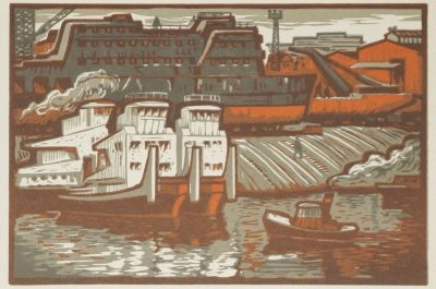 Мурычев Александр. На берегу корабелов. 1975 г. Бумага, цветная линогравюра. 18х27 см (лист 