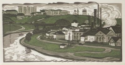 Мурычев Александр. На реке Туре. 1975 г. Бумага, цветная линогравюра. 14,5х28,7 см (лист 21х31 см).