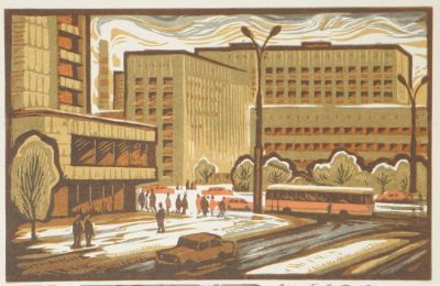 Мурычев Александр. Новый перекресток. 1975 г. Бумага, цветная линогравюра. 17,3х27 см (лист 22 