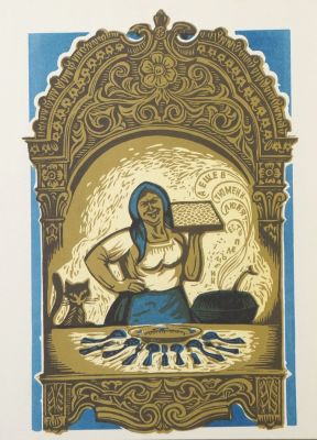 Мурычев Александр. Пельмени. 1975 г. Бумага, цветная линогравюра. 29х18,5 см (лист 31,5х27 см). 