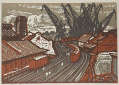 Мурычев Александр. Речной порт. 1975 г. Бумага, цветная линогравюра. 18,2х26 см (лист 23х31,3 см). 