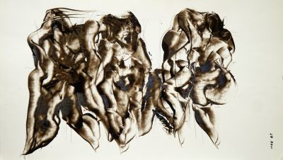 Богомолов Глеб. Абстрактная композиция. 1987 г. Глянцевая бумага, смешанная техника. 39,7х69,7 см. 