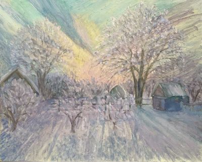 Сиверцев Сергей. Вечер. Зима в саду. 1971 г. Картон, масло. 38,5х48,3 см. Работа в хорошем 