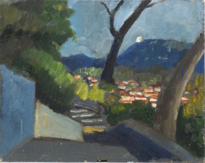 Батурин Александр. Вид с русского кладбища в Ницце. 2005 г. Картон, масло. 22х27,8 см. Работа в 