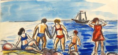 Шагин Владимир. Купание. 1980-е гг. Бумага, акварель, карандаш. 18,5х40 см. Работа в хорошем 