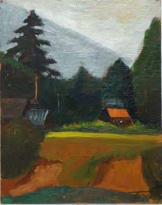 Батурин Александр. Ель на берегу. 2002 г. Картон, масло. 27,5х21,8 см. Работа в хорошем 