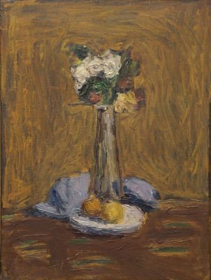Флоренский Александр. Вазочка с цветами и тарелка с яблоками. 1981 г. Холст, масло. 40,5х30 см. 