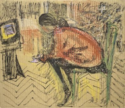 Заславский Анатолий. Поля играет в Денди. 1997 г. Картон, пастель. 38х44 см. Работа в хорошем 