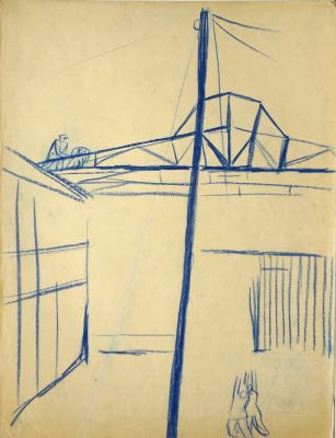 Прошкин Виктор. Установка опоры (Харьковский Тракторстрой). 1930 г. Бумага, цветной карандаш. 