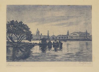 Павлов Николай. Белая ночь. 1957 г. Бумага, офорт, подкраска. 17,3х26,2 см (размер эстампа и листа).