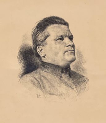 Н.Г. Портрет Кирова. 1930-е гг. Бумага, литография. 20х17 см (лист 46,5х35,5 см). Работа в 