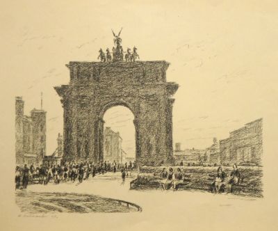 Астапов Иван. Нарвские ворота. 1947 г. Бумага, литография. 30х38 см (лист 37,5х51,5 см). Работа 