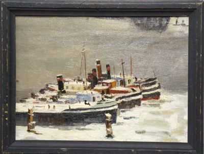 Прошкин Виктор. Буксиры на Малой Неве. 1947г. Холст, масло. 33,5х44,5 см. Работа в хорошем 