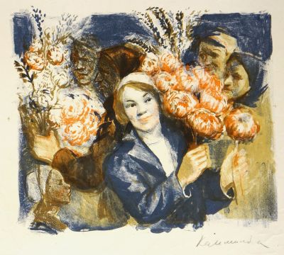 Камшилова Екатерина. Цветочницы. 1940 г. Бумага, автолитография, 27х30 см (лист 38,5х43,5 см). Р 