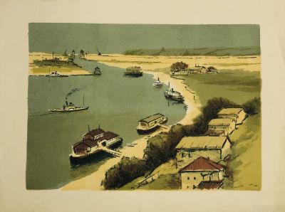 Ведерников Александр. Городец на Волге. 1957 г. Бумага, цветная литография. 31,5х44 см (лист 40 