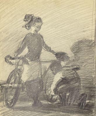 Годлевский Иван. Ремонт велосипеда. 1950-е гг.. Бумага, карандаш. 24х19 см. Работа в хорошем 