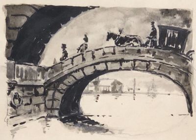 Морозов Виктор. Городской пейзаж из старой жизни. 1938 г. Бумага, тушь, 12х16 см. Работа в 