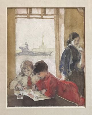 Рудаков Константин. За уроками. 1940-е гг (?). Бумага, карандаш, акварель. 13,3х10,5 см. Работа 
