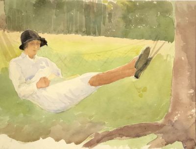 Критская Анна. В гамаке. 1920 г. Бумага, акварель. 17х22 см. Работа в хорошем состоянии, без 