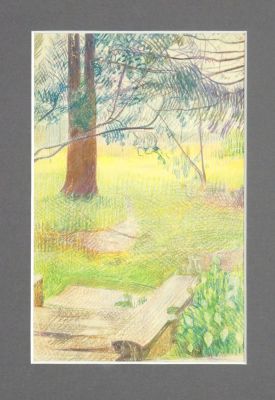 Критская Анна. В саду. Бумага, цветные карандаши. 22,5х14,5 см. Работа в хорошем состоянии, без 