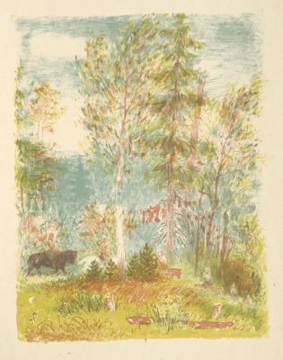 Кукс Миней. Лесной дозор. 1941 г., бум., цв.литография, 39,5х31 см (размер листа). Работа в 