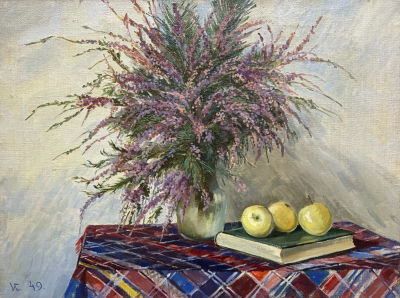 Сегаль Илья. Натюрморт с книгой и яблоками. 1949 г. Холст, масло, 59,5х80 см. Работа в хорошем 