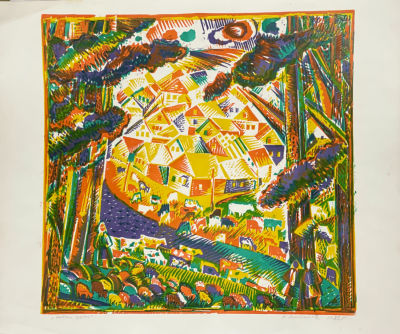 Молчанова Галина. Новые дома. 1982 г. Бумага, цветная линогравюра. 45,5х47,5 см (лист 51,8х62 см). 