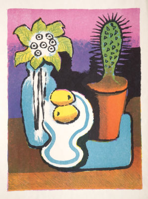 Ведерников Александр. Натюрморт с кактусом. 1978 (?) г. Бумага, цветная литография. 43,5х32 см 