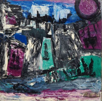 Кошелохов Борис. Композиция 531. 1984 г. Каркас детской кровати, холст, масло, 64х64 см. Работа 