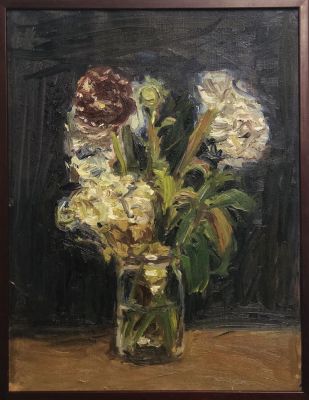 Флоренский Александр. Хризантемы в банке. 1980 г. Картон, масло, 50х38,5 см. Работа в хорошем 