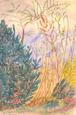 Глебова Татьяна. Пейзаж на фоне гор. 1942-45 гг. Бумага, акварель, 33,4х22,6 см. Работа в 