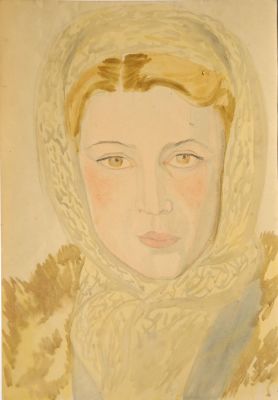Глебова Татьяна. Портрет девушки в платке. 1942-45 гг. Бумага, акварель, 35,7х24,8 см. Работа в 