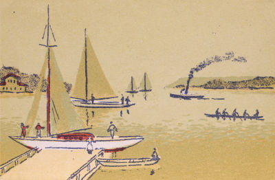 Ведерников Александр. Яхт-клуб. 1962 г. бумага, цв.литография, 10х15 см. Работа в хорошем 