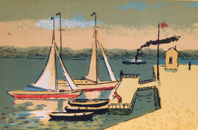 Ведерников Александр. Яхт-клуб на Неве.
1962 г. Бумага, цв.литография, 10х15 см. Работа в 