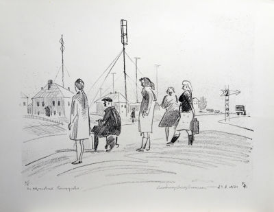 Ветрогонский Владимир. &laquo;На остановке&raquo;, 24-08-1971 г. Бумага, литография, 3/6, 47х62 см. Работа в 