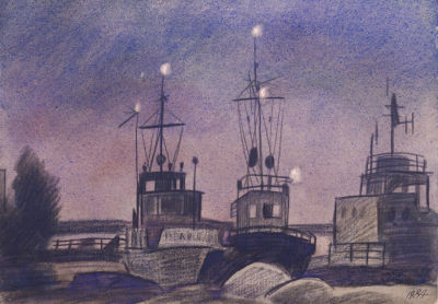 Ветрогонский Владимир. Ночные огни на кораблях. 1984 г. Бумага, акварель, карандаш, 30х42 см. Раб 