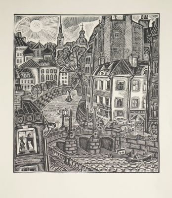 Блинов Валентин. Иллюстрация. 1980-е гг. Бумага, линогравюра, 47х36 см (лист). Работа в хорошем 