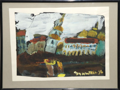 Зинштейн Арон. Городской пейзаж. 1998 г. Бумага, гуашь. 22,5х30,5 см. Работа в хорошем 